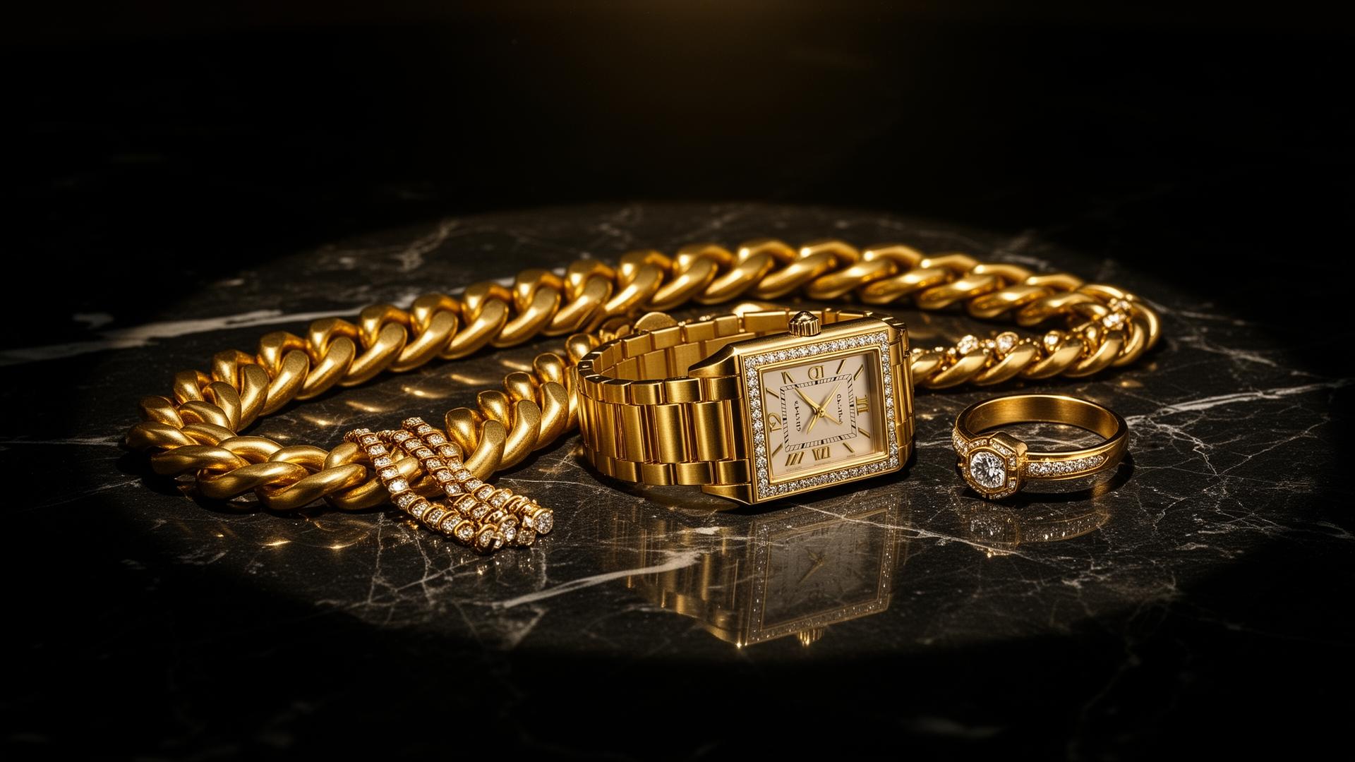 Premium gold jewelry on black marble